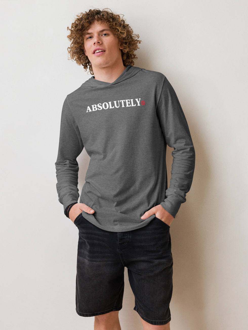 Model wearing Absolutely white/red hooded long-sleeve tee