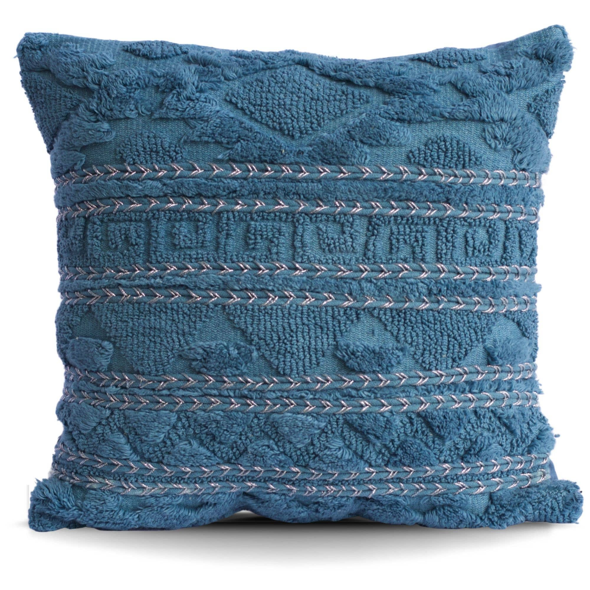 Greek Key Tufted Cotton Pillow Blue