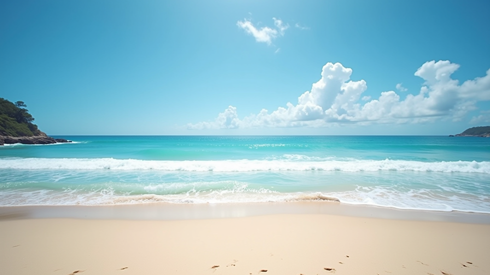 Vista panorâmica da praia com ondas suaves e céu azul