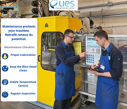 Blow molding machine illustrating maintenance practices and retrofit strategies to extend machine life.
