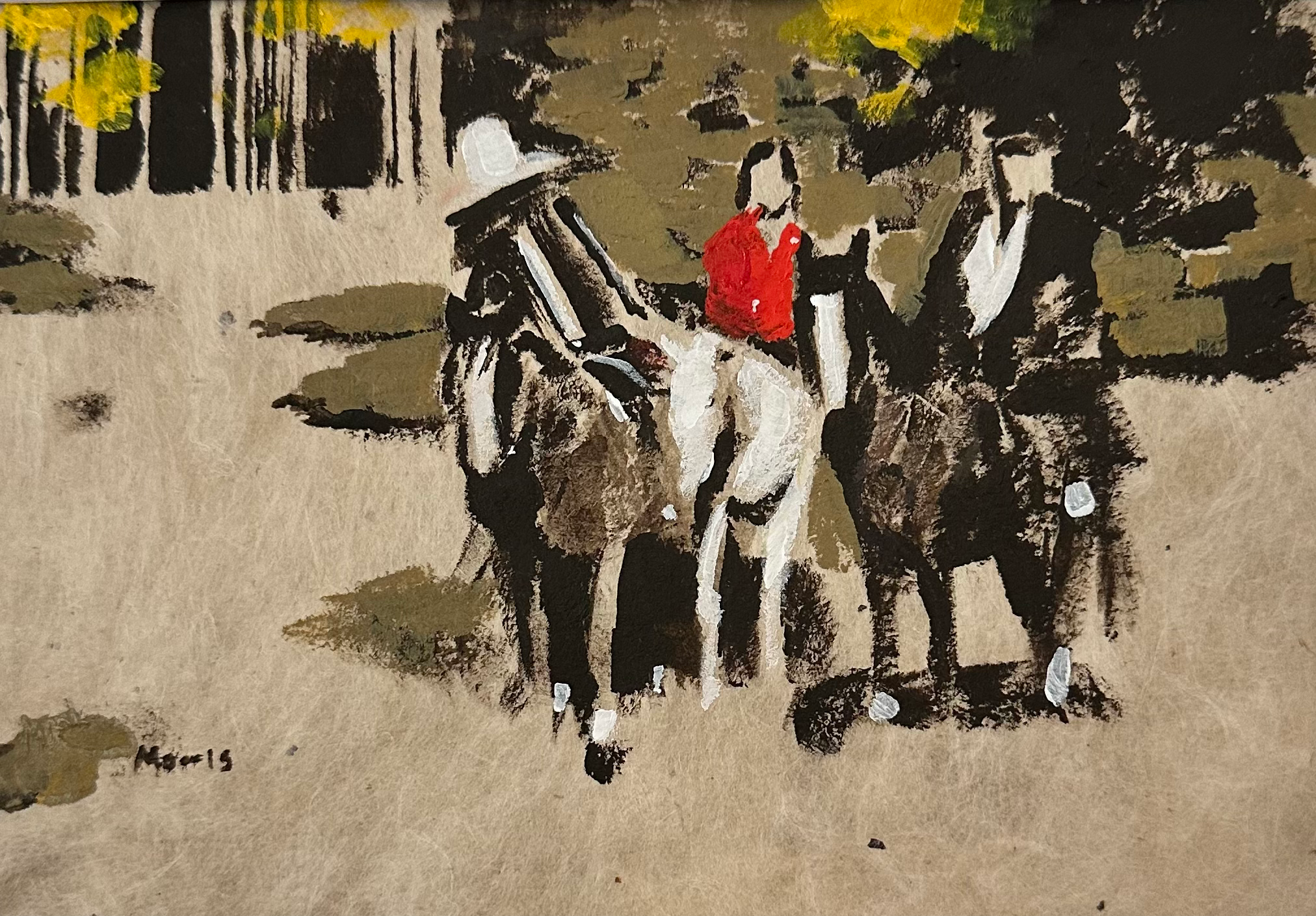 Native Riders, acrylic on handmade paper, 5" x 7", framed and matted, 8” x 10