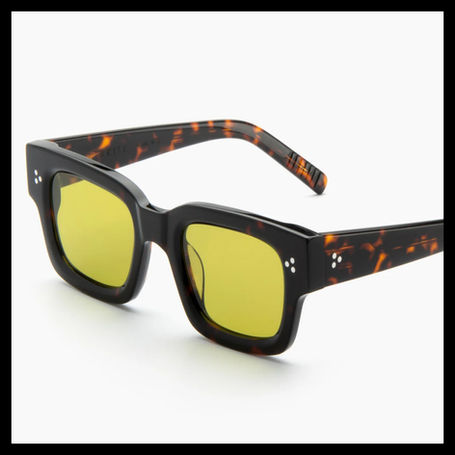 Classic rectangular sunglasses, handrafted, bio-acetate frame & recycled lens with biodegradable packaging.