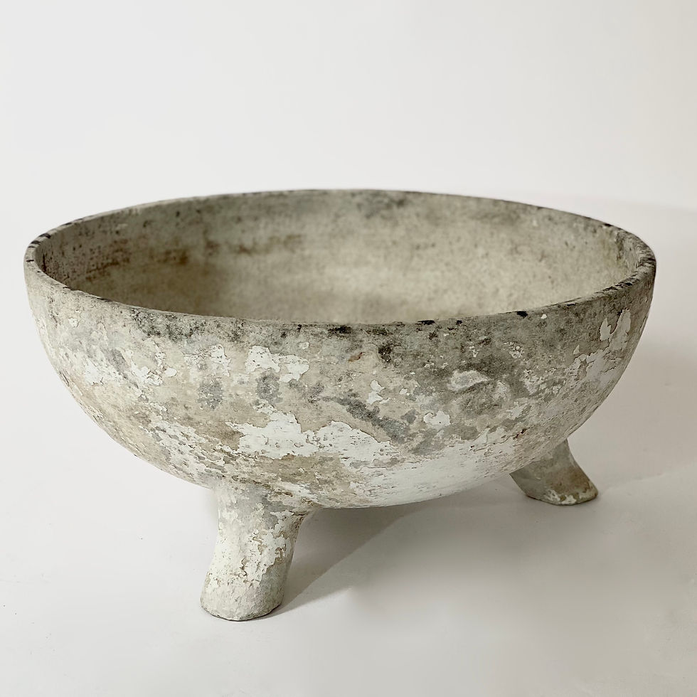 Thumbnail: Willy Guhl three-footed half-cauldron planter with a weathered patina and worn old white paint