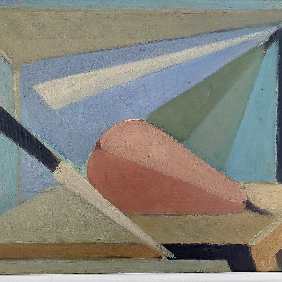 Cubist still-life painting of two pears and a knife in a soft and muted palette. Framed in a vintage gold frame.