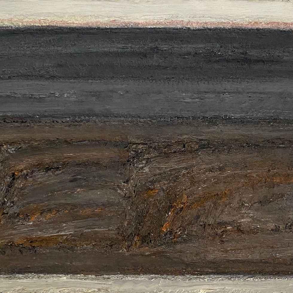 Thumbnail: Mid-century modernist abstract painting 'Shutters in Blue' with an elegant colour palette of blue, cream and brown