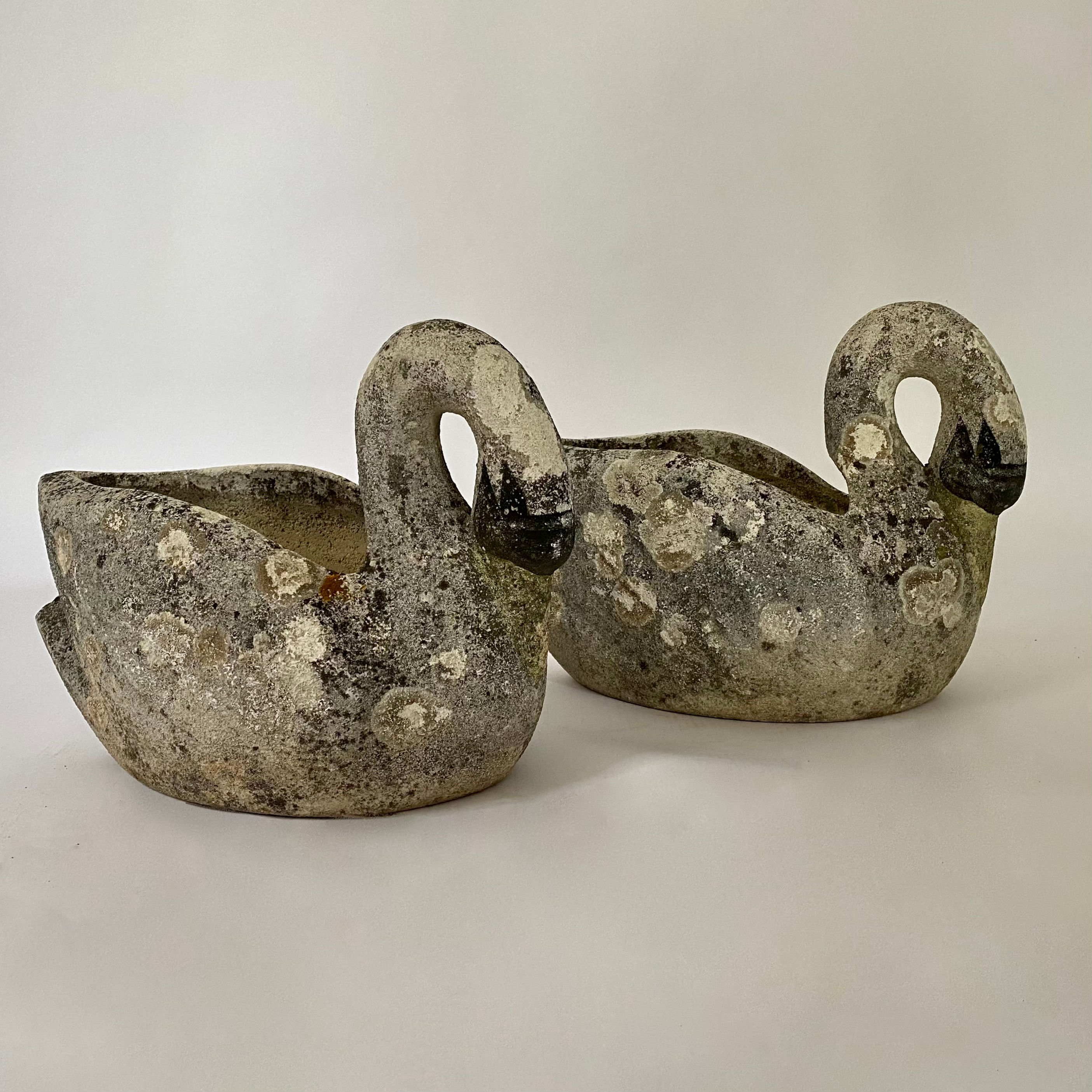 Pair of beautifully weathered composite stone swan garden planters