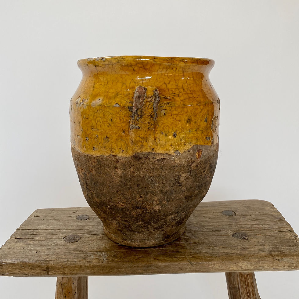 Thumbnail: Antique French Terracotta Yellow Glazed Confit Pot with beautiful worn patina