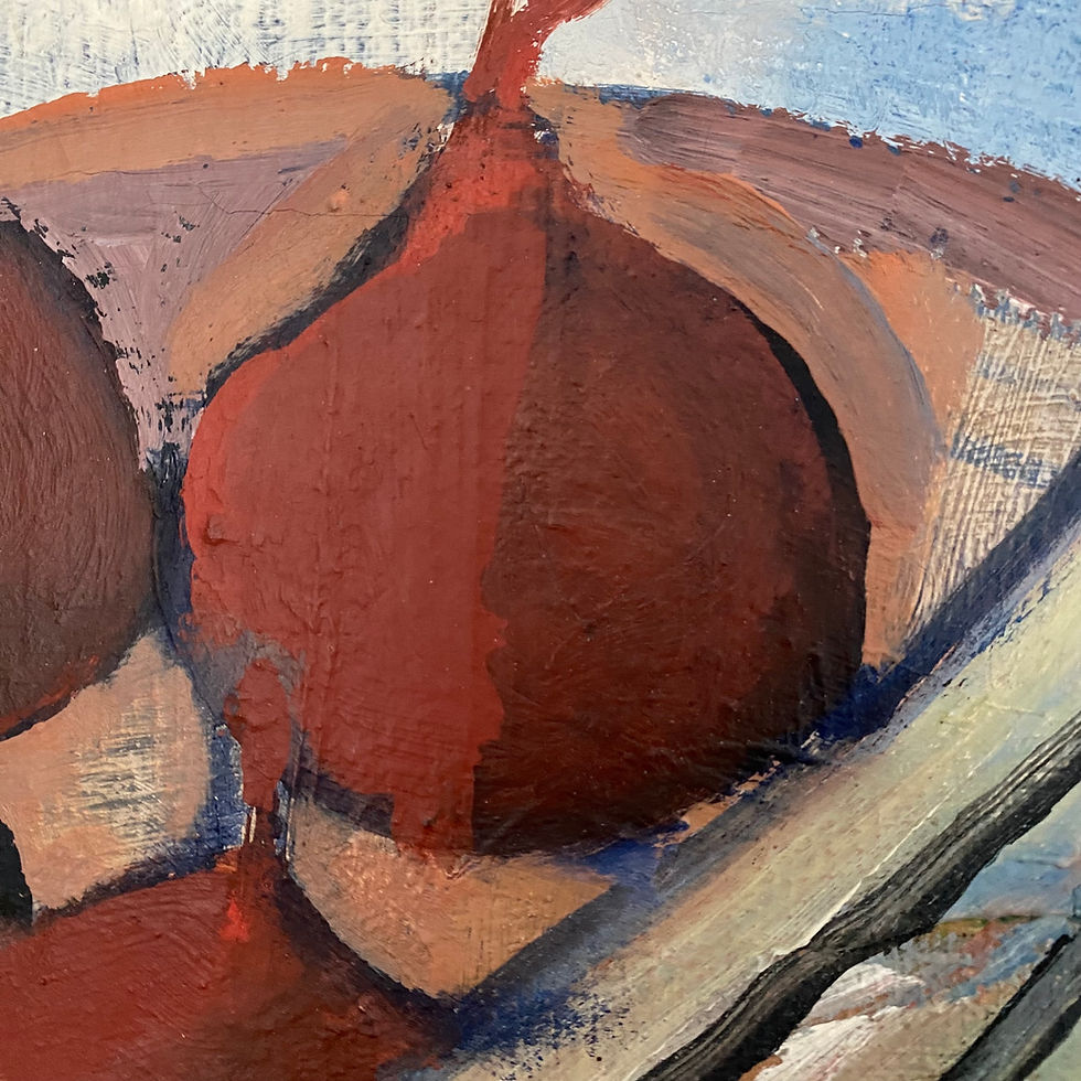 Thumbnail: Swedish modernist still life painting of leeks and onions in palette of red, white and green