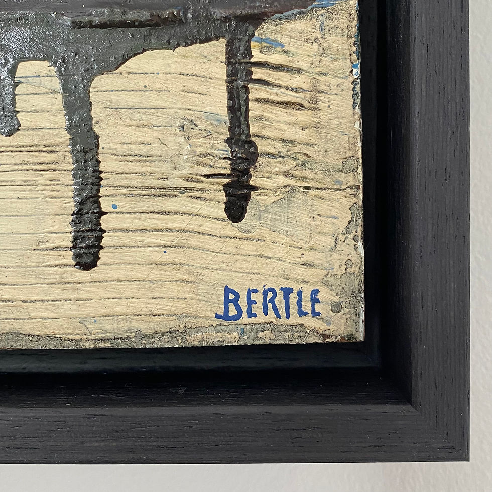 Thumbnail: Mid-century abstract painting in a bold red and blue palette. Framed in a black wooden tray frame.