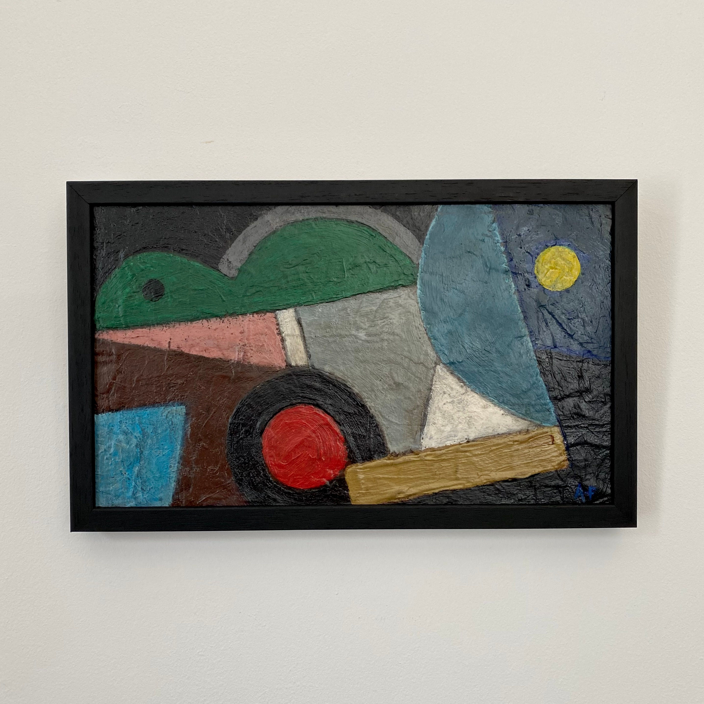 French mid-century geometric landscape painting in a black wooden frame