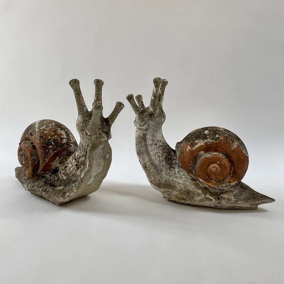 Gorgeous large French 1950s painted concrete snails with a fabulous weathered patina