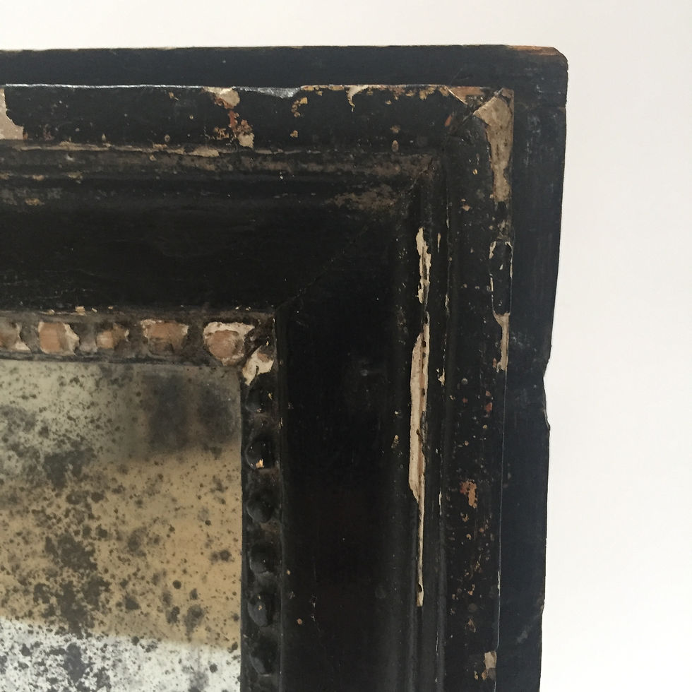 Thumbnail: Charming 19th century French mirror with well-worn wood and plaster frame with old black paint.