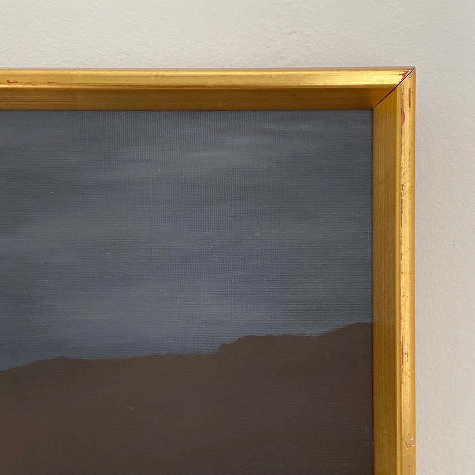 Thumbnail: Mid-century Swedish landscape painting of white houses with mountains and night sky