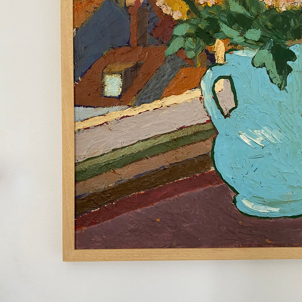 Thumbnail: Modernist mid-century painting of pink flowers in a blue vase by a window with rooftops in the background