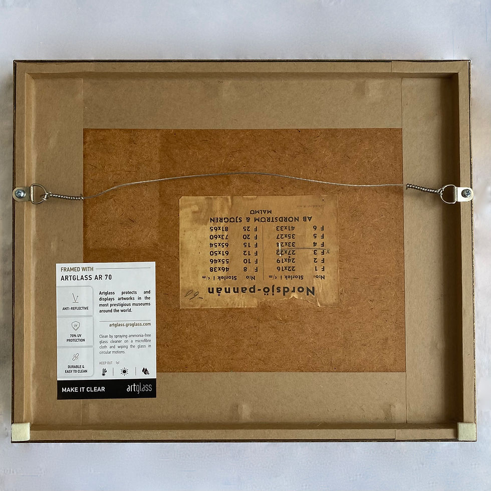 Thumbnail: Back of a vibrant modernist coastal landscape painting. Gouache on board, framed behind glass in a gold wooden frame