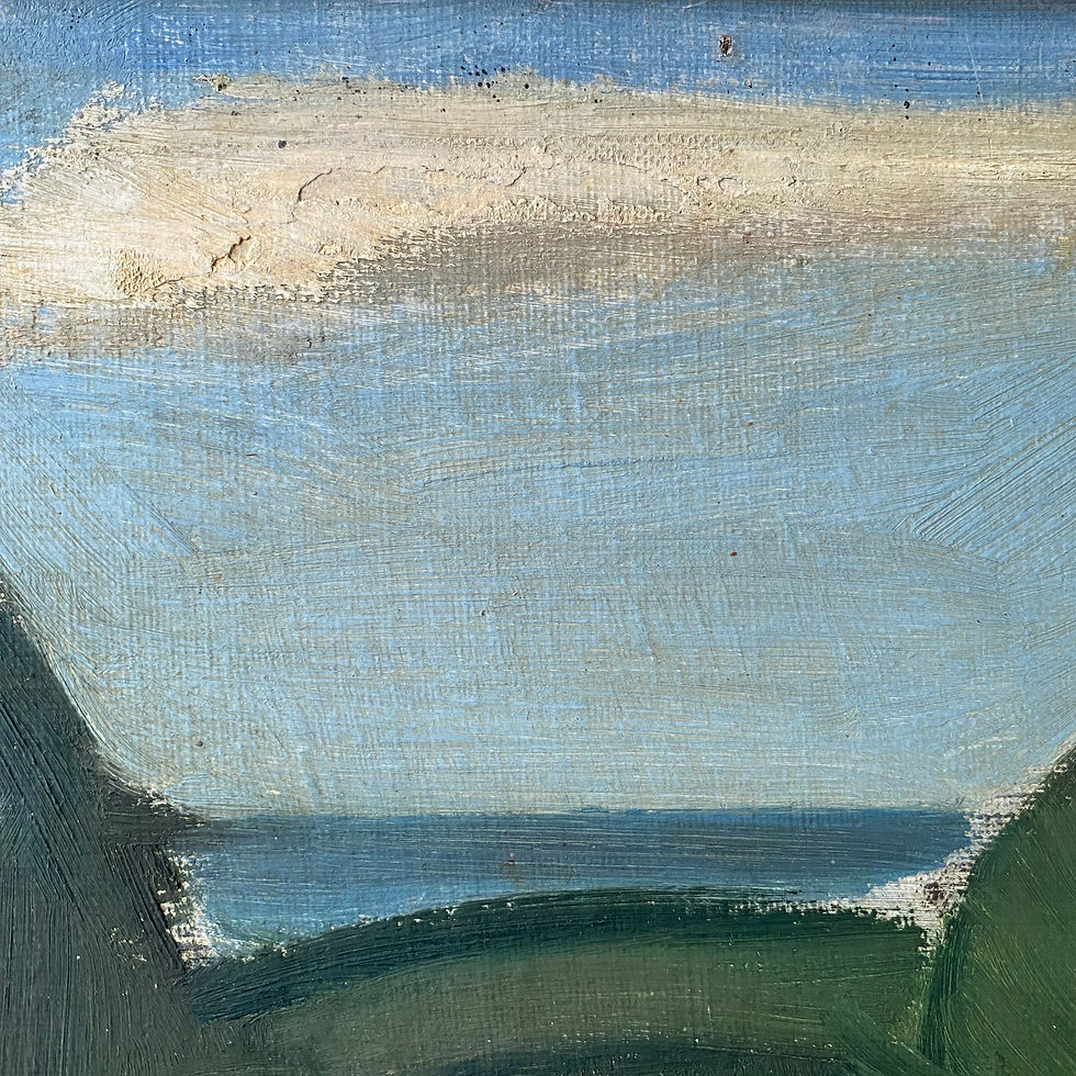 Thumbnail: A naive Swedish mid-century landscape painting of forest and sea