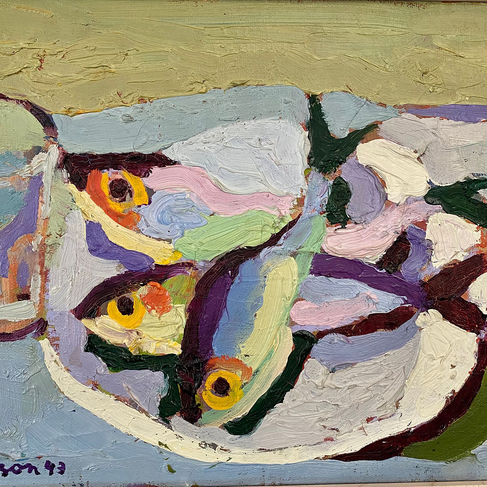 Thumbnail: Swedish modernist mid-century still life painting of fish on a plate with glass in colourful palette