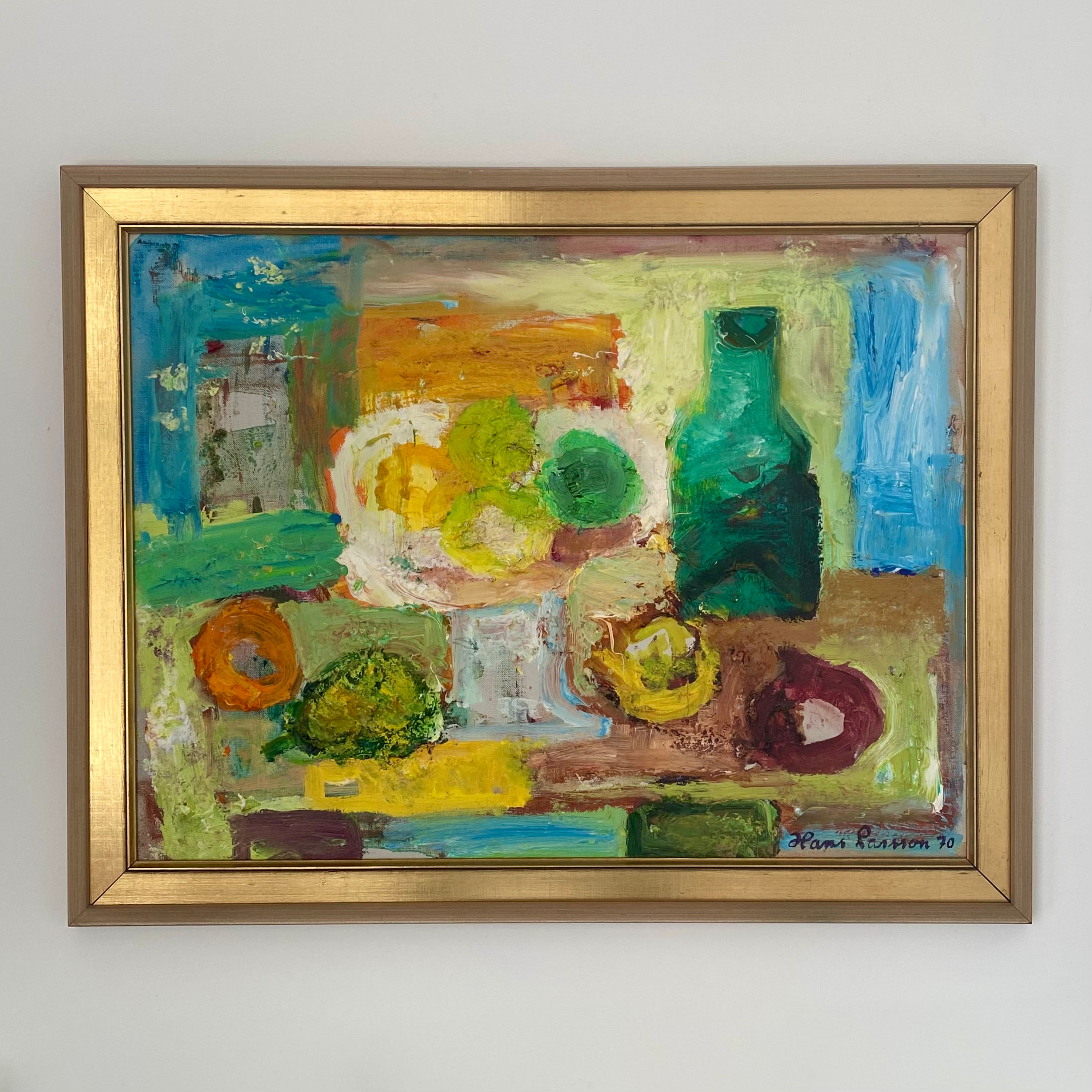 Vibrant Swedish mid-century still-life painting by Hans Larsson in a vintage gold frame