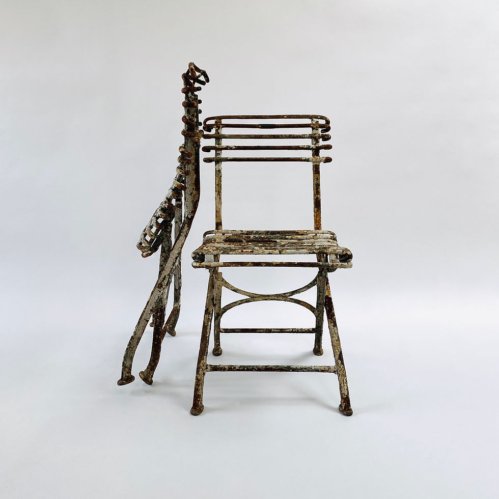 Pair of rare, late 19th century French Arras folding garden chairs. Wonderful distressed patina, with heavy weathering and we