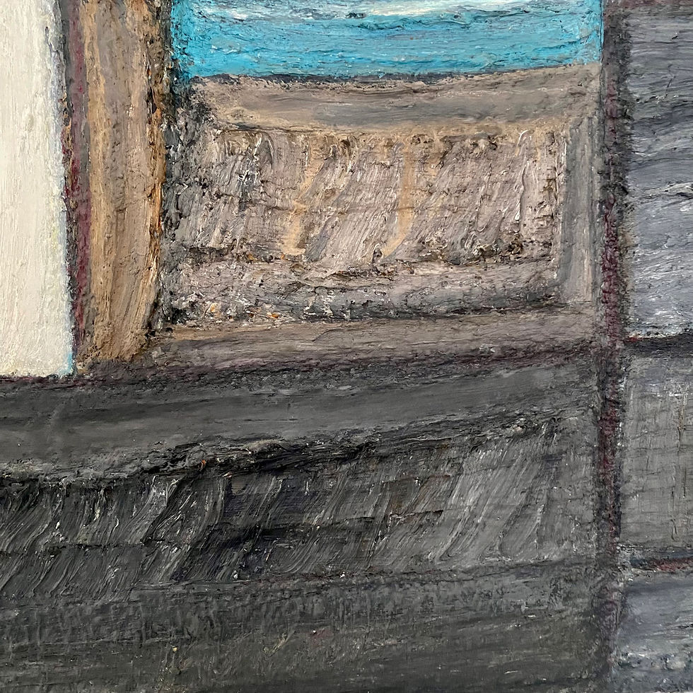 Thumbnail: Mid-century modernist abstract painting 'Shutters in Blue' with an elegant colour palette of blue, cream and brown