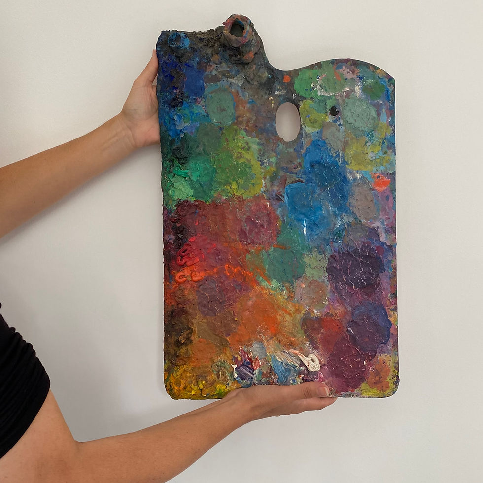 Thumbnail: Beautiful vintage rectangular artist's colour palette with a very thickly layered and textured melange of coloured oil paint