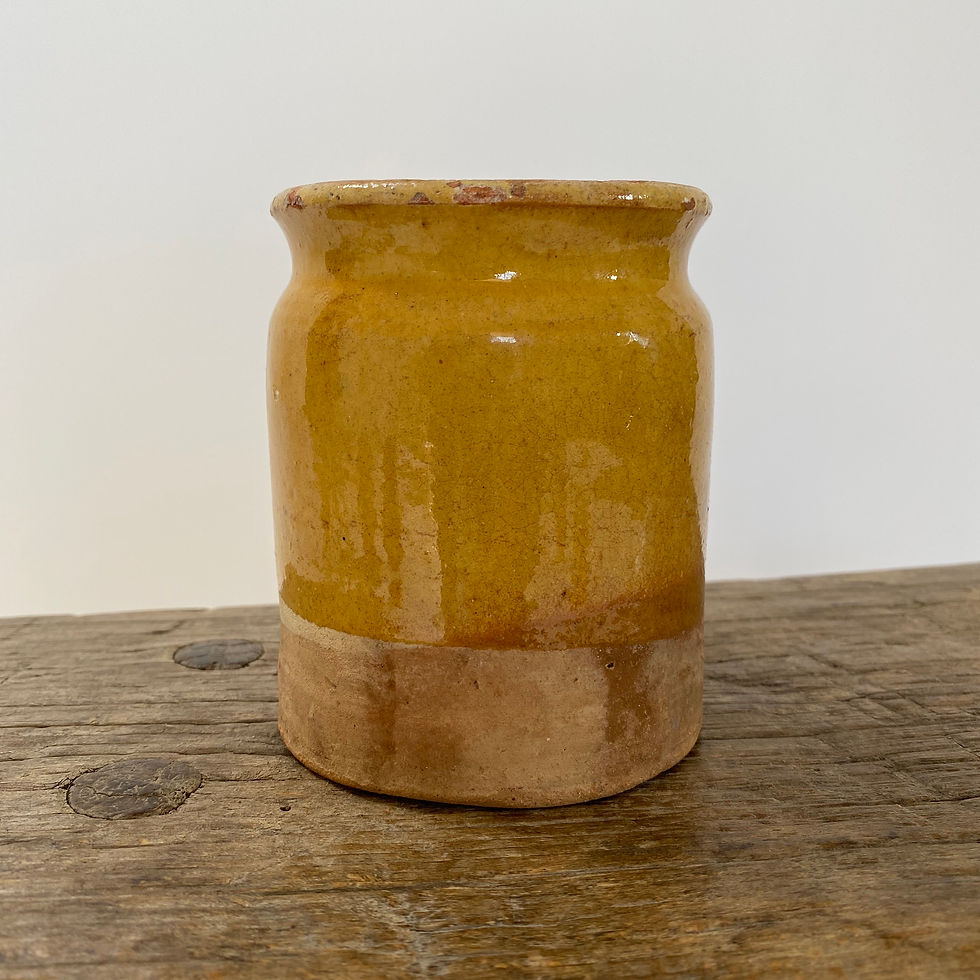 Thumbnail: A small antique French terracotta yellow glazed confit jar