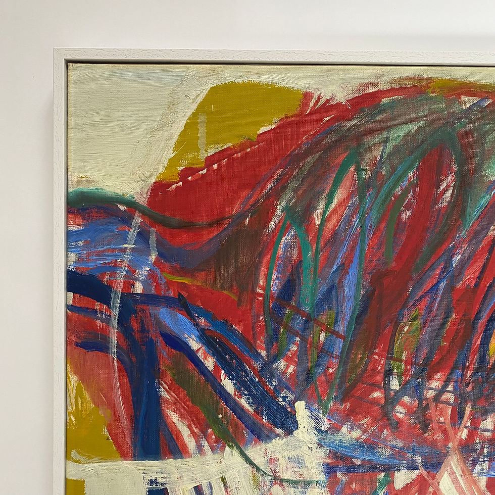 Thumbnail: Expressive Swedish modernist abstract painting featuring a vivid palette of red, blue, yellow and white flourishes