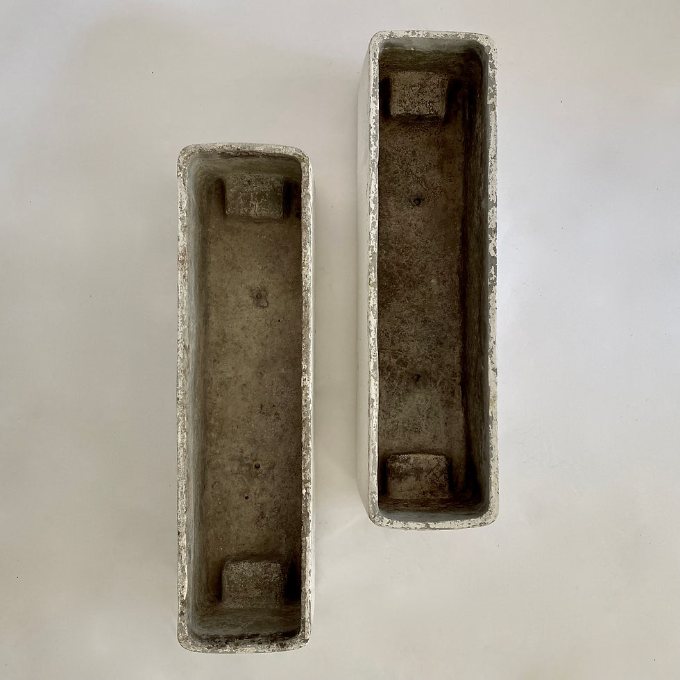 Thumbnail: Pair of white, rectangular mid-century modernist cement planters with carved handle design on base of each end