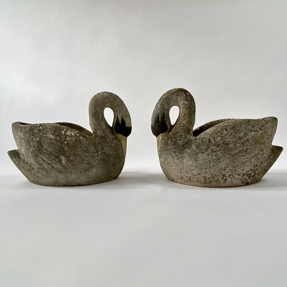Thumbnail: Pair of wonderfully weathered French composite stone swan garden planters