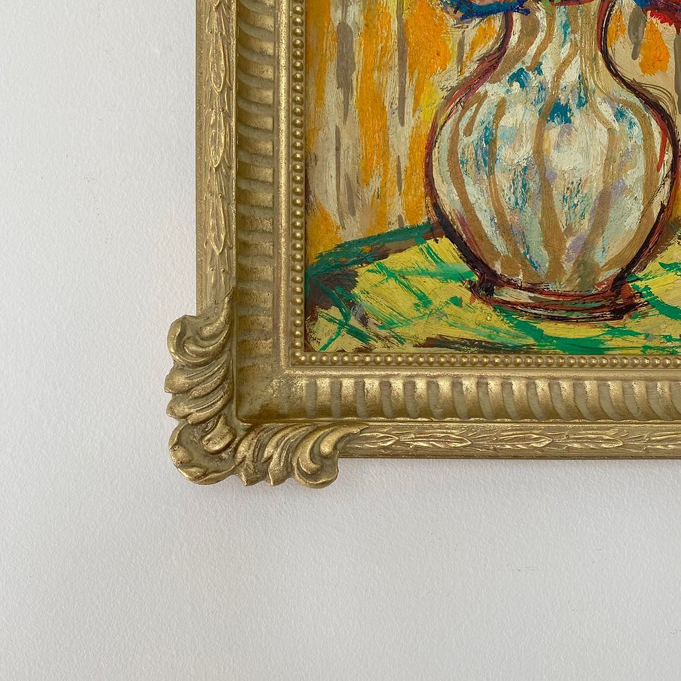 Thumbnail: Vibrant still-life painting of flowers in a vase in a highly decorative gold frame