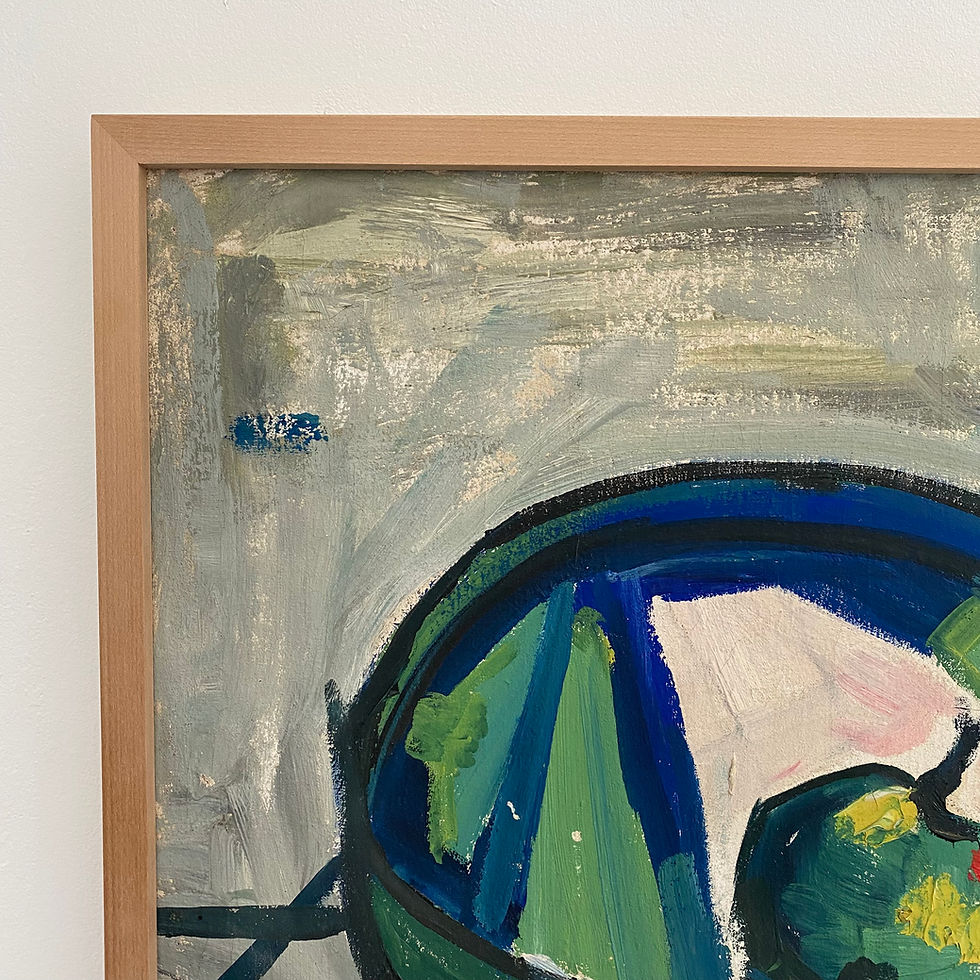 Thumbnail: Vibrant modernist mid-century painting with red pestle and mortar and green apple in fruit bowl