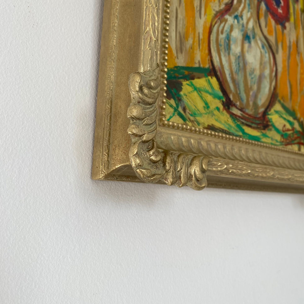 Thumbnail: Vibrant still-life painting of flowers in a vase in a highly decorative gold frame