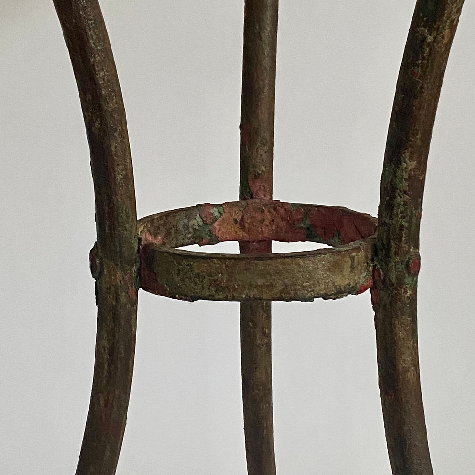 Thumbnail: Antique French bistro table with banded marble top and well-worn patina