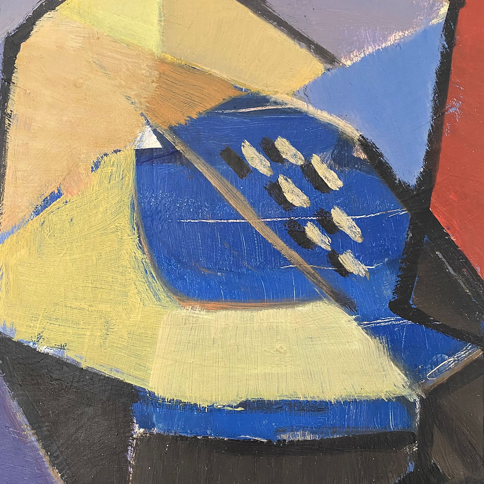 Thumbnail: Mid-century cubist still-life painting of jug and fruit by Hjalmar Ekberg