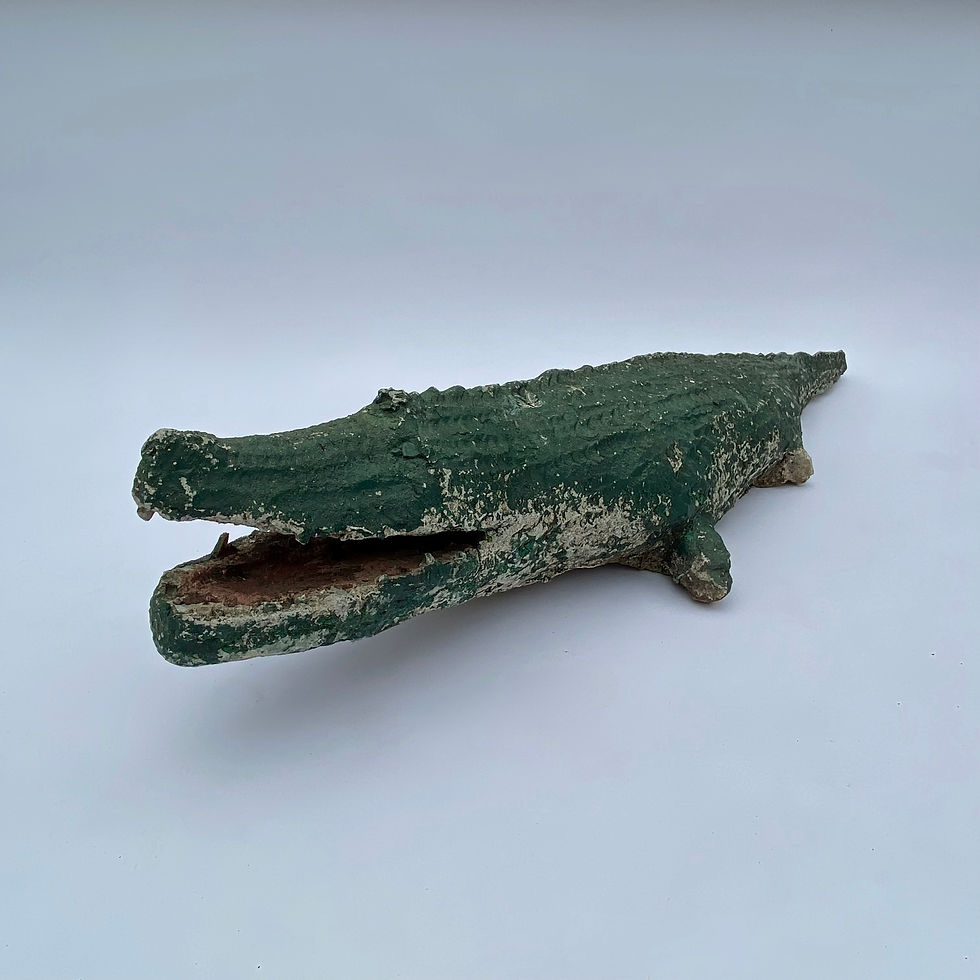 Thumbnail: Vintage French art brut life-sized concrete crocodile with worn old green paint