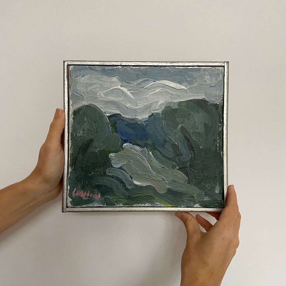 Thumbnail: Mid-century landscape painting of a forest in a silver wooden frame