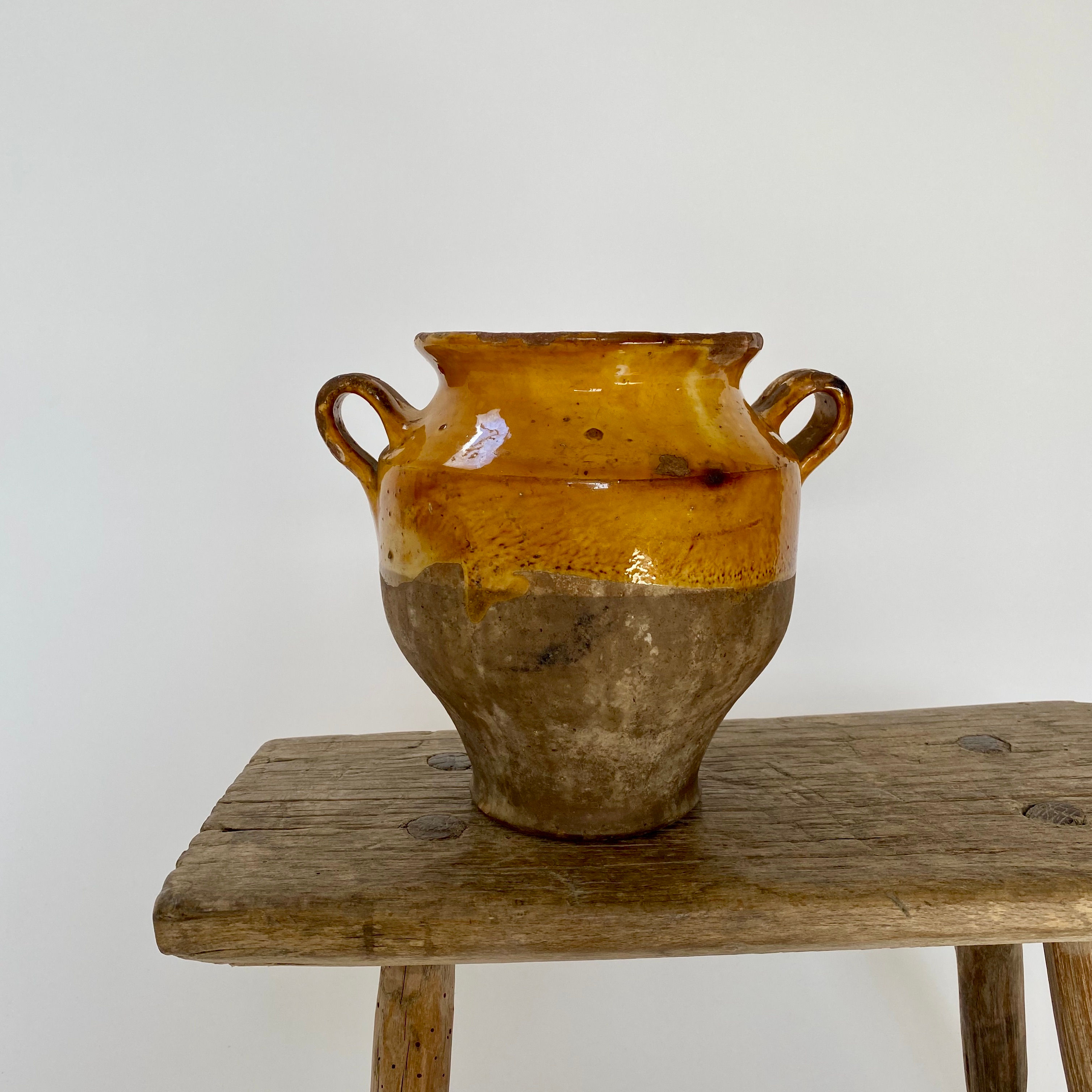 Antique French Terracotta Yellow Glazed Confit Pot with lovely patina