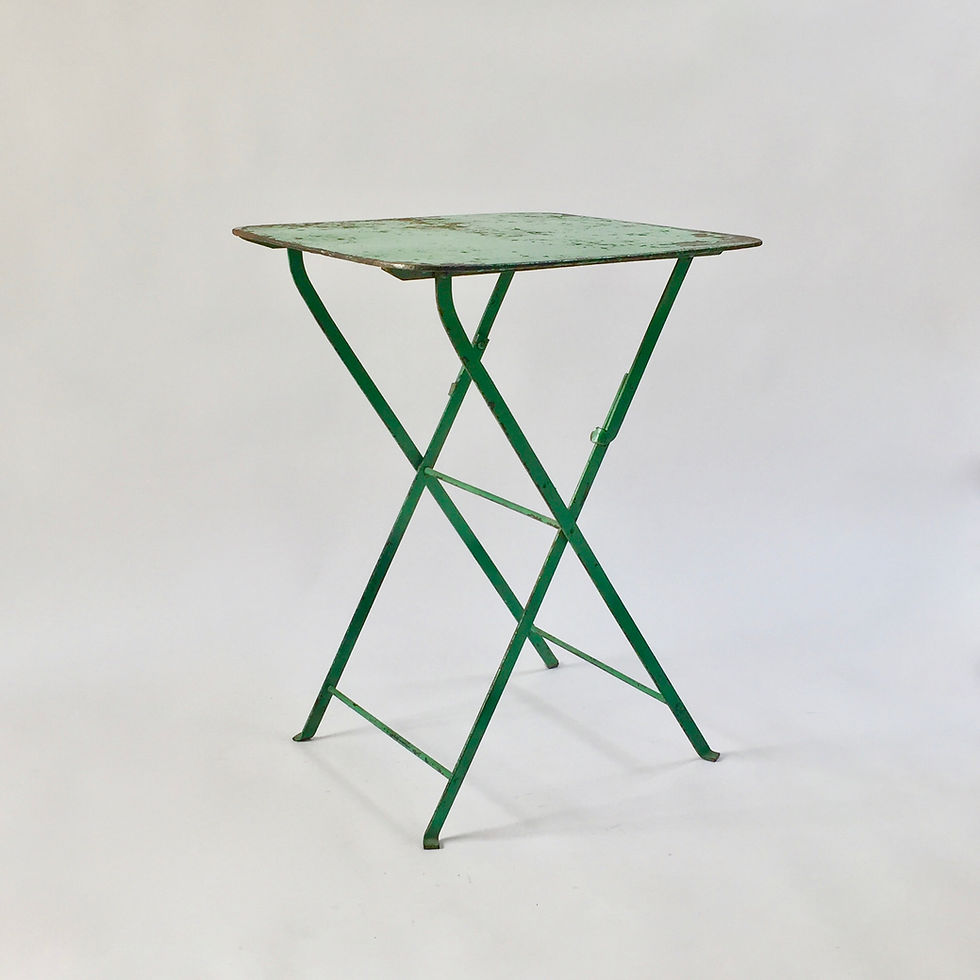 Vintage petite folding French bistro table with old green paint and a patinated, square top
