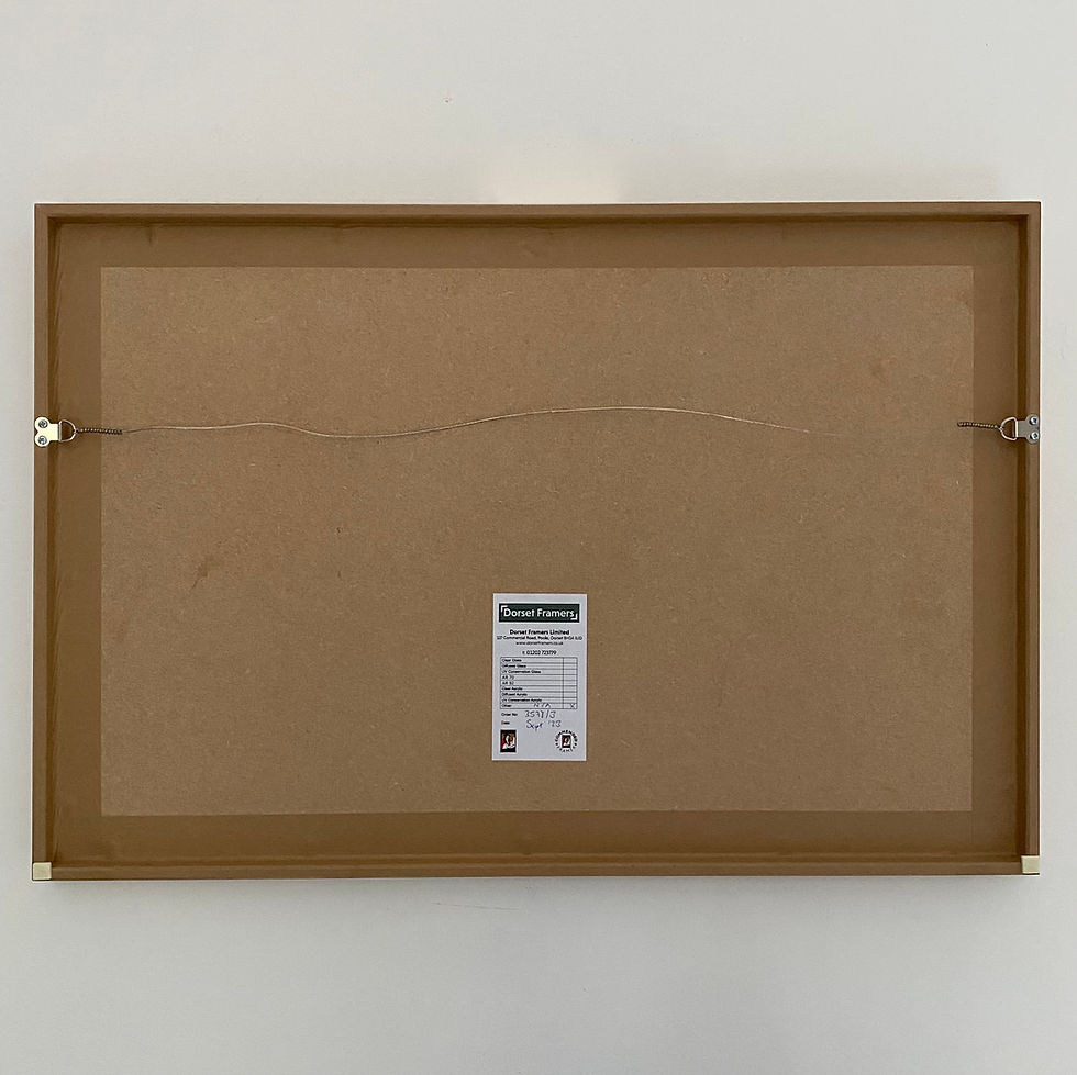 Thumbnail: Back of vibrant modernist mid-century painting with red pestle and mortar and green apple in fruit bowl