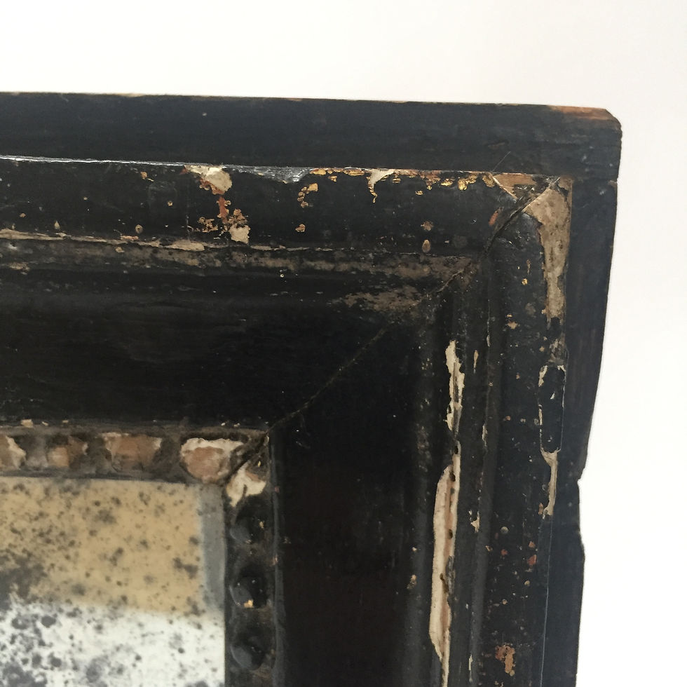 Thumbnail: Charming 19th century French mirror with well-worn wood and plaster frame with old black paint.