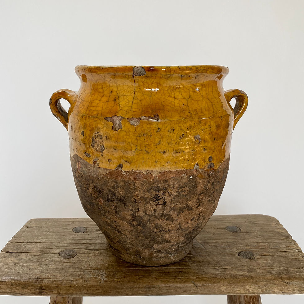 Antique French Terracotta Yellow Glazed Confit Pot with beautiful worn patina