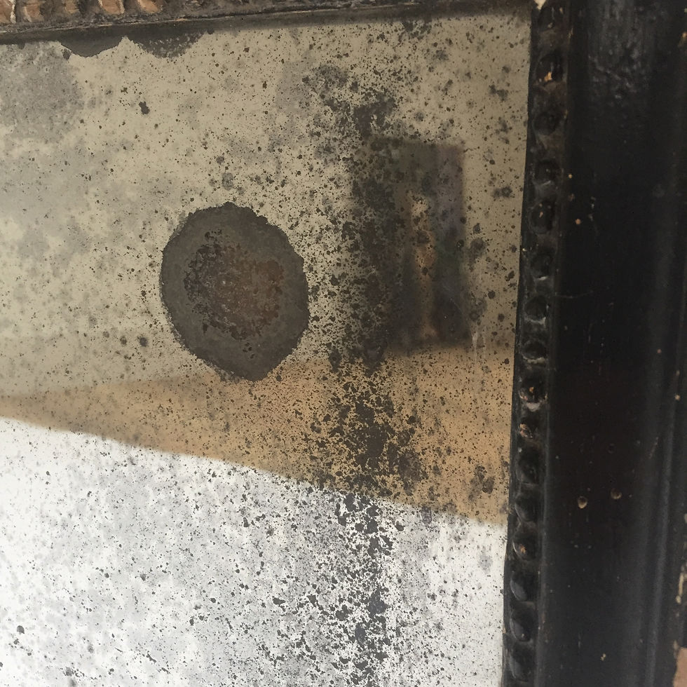 Thumbnail: Charming 19th century French mirror with well-worn wood and plaster frame with old black paint.