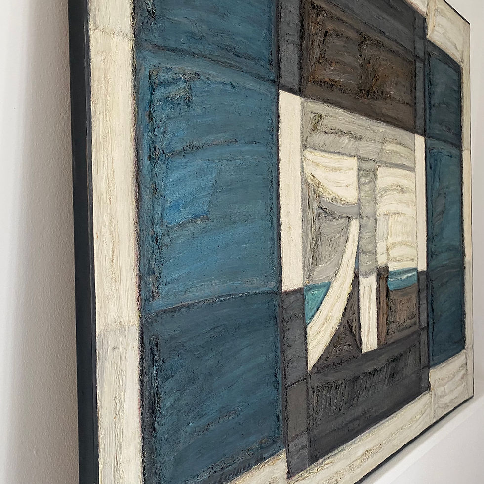 Thumbnail: Mid-century modernist abstract painting 'Shutters in Blue' with an elegant colour palette of blue, cream and brown