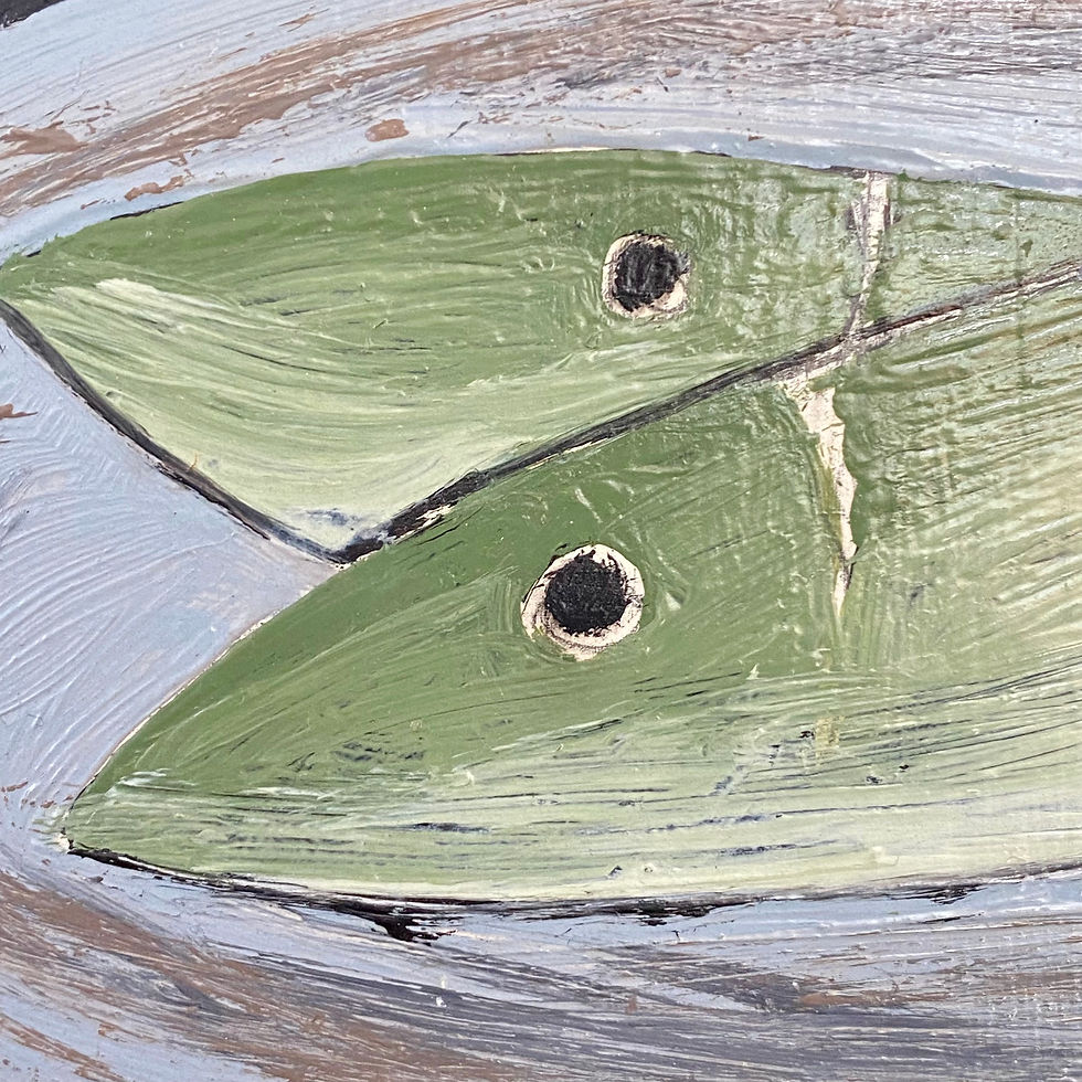 Thumbnail: Swedish mid-century still life painting of fish with apples. Oil on board, signed and dated '62  in a solid maple frame