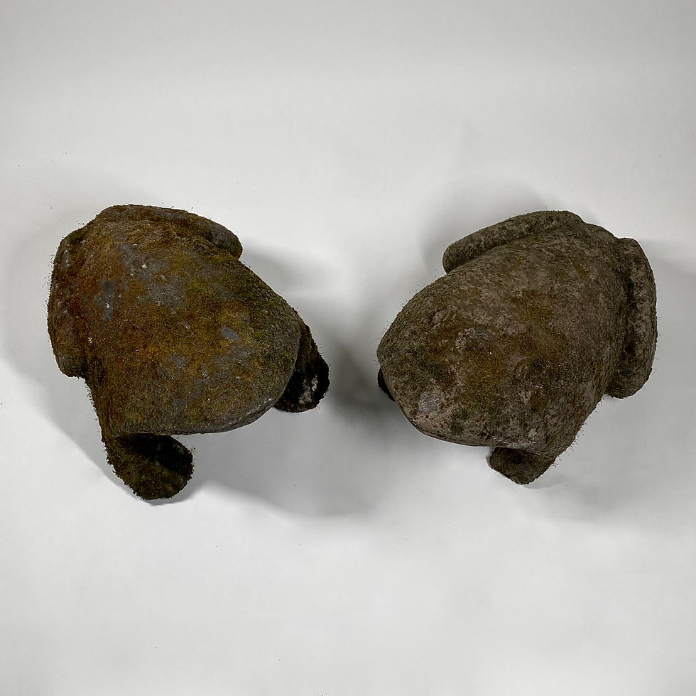 Thumbnail: Magnificent, large handcarved stone frogs with a wonderful  patina, weathered with moss and lichen.
