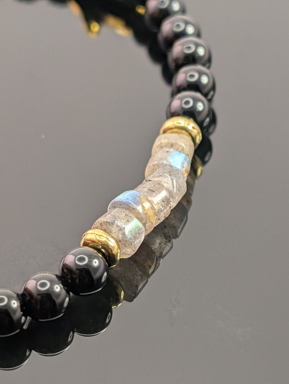 Thumbnail: Onyx + Labradorite - Hamsa Hand Karma Bracelet 