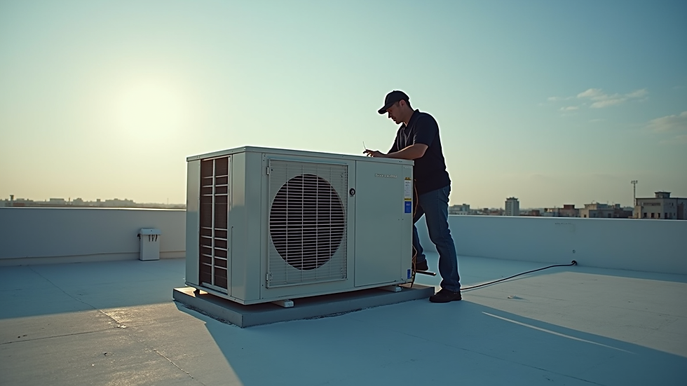 Eye-level view of a technician inspecting an air conditioning unit on a rooftop