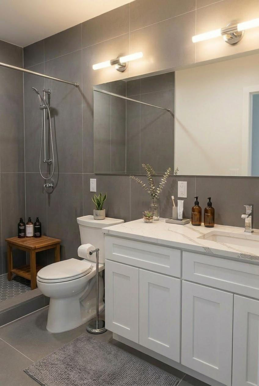 Modern bathroom with gray tiles and white cabinetry.