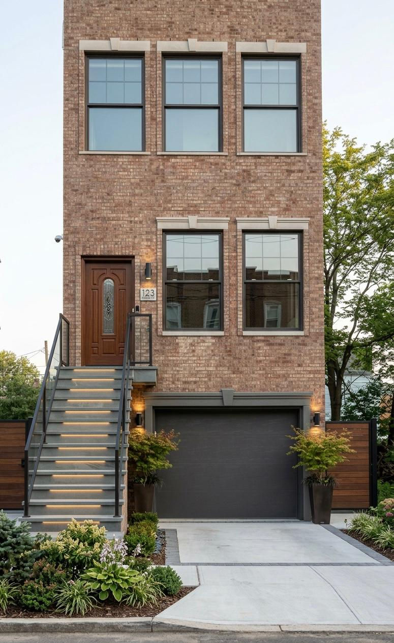 Brick house with stairs and garage entrance.