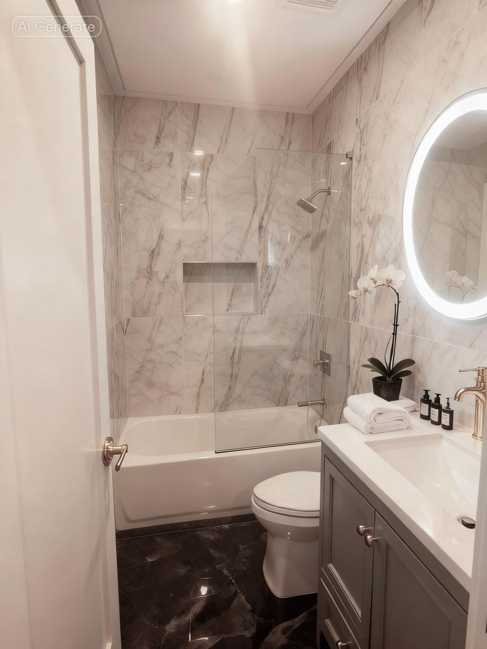Modern bathroom with marble walls and illuminated mirror.
